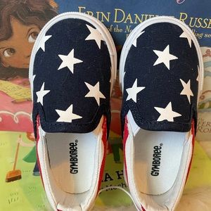Red, white and blue slip on sneakers